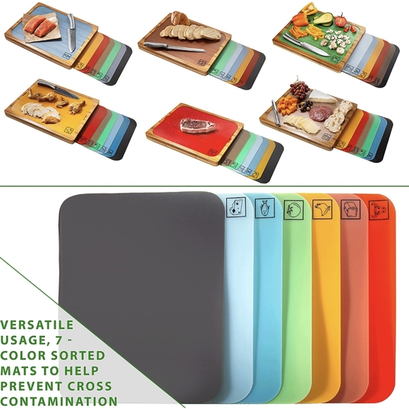 Classic Bamboo Premium Wood Cutting Board Serving Tray w/ 7 Color-Coded Mats - Picture 3 of 4